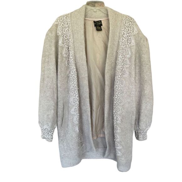Vintage Gizel Sweater Coat White Beaded Angora Rabbit Hair Cardigan L/XL New - Picture 1 of 13